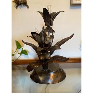 Vintage Brutalist Metal Lily Flower Table Lamp 3 Light Botanical Sculptural MCM